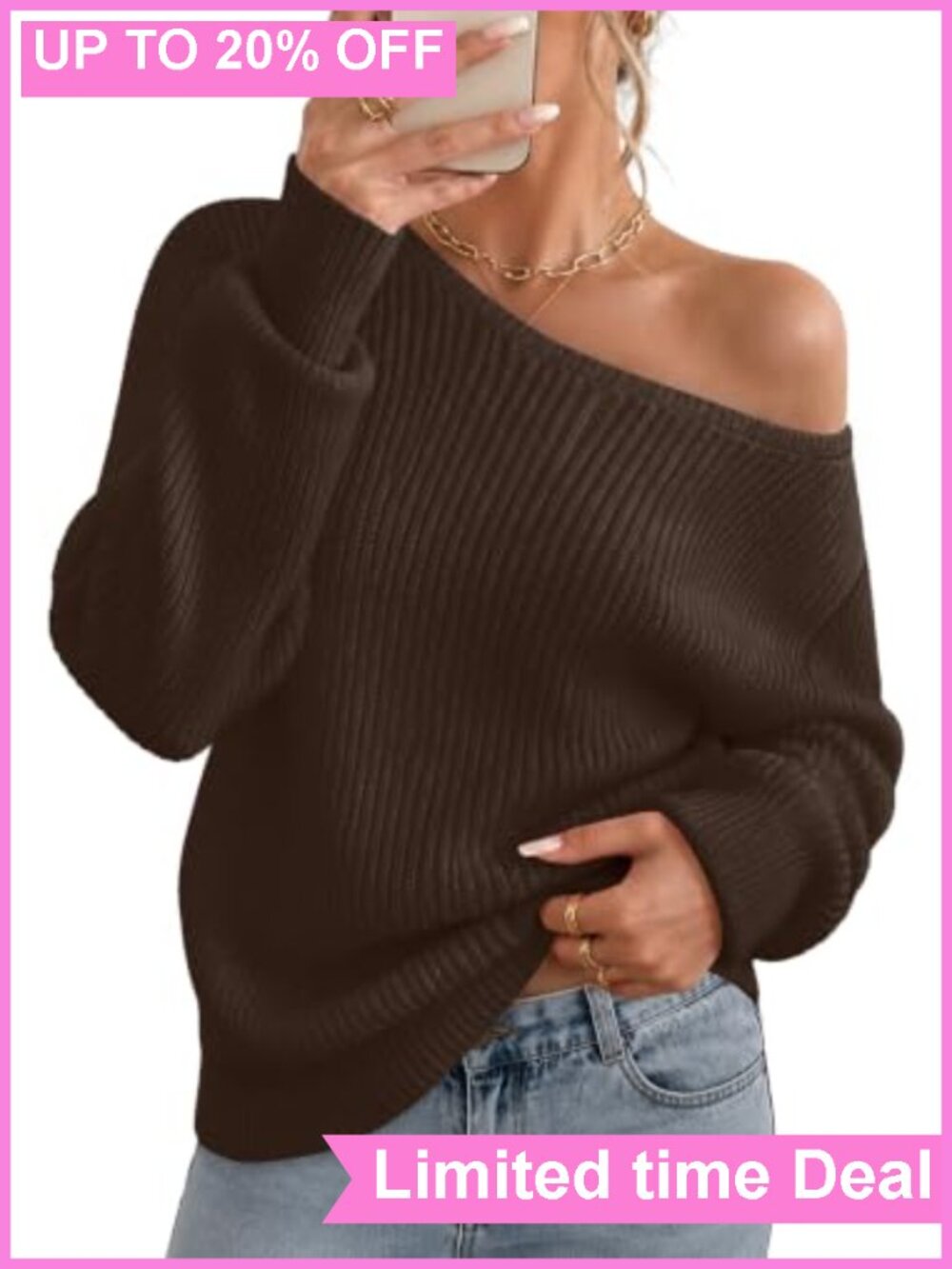 Sipaya Women's Off Shoulder Sweater Long Sleeve Crochet Knit Pullover
